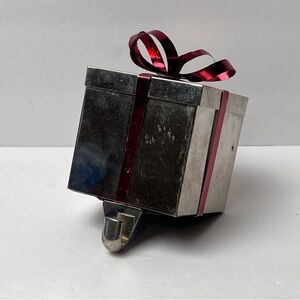Metal Tin Silver Gift Box with Red Ribbon Stocking Holder